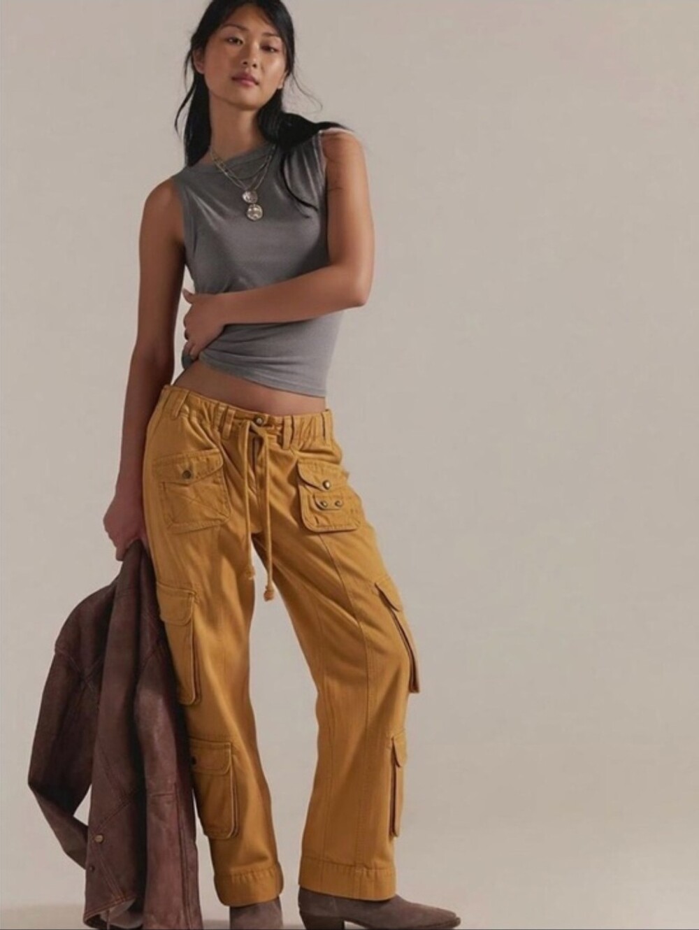 Free People Tahiti Cargo Pants L California Poppy Orange Y2K Slouchy Utility NWT